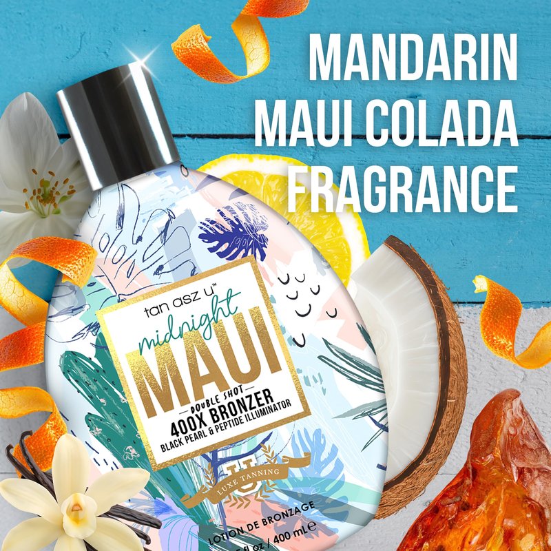 Tan Asz U Midnight Maui Tanning Lotion, Double Shot 400X Bronzer, Black Pearl & Peptide Illuminator, Tanning Lotion with Inktuition Tattoo Complex, 13.5 Fl Oz