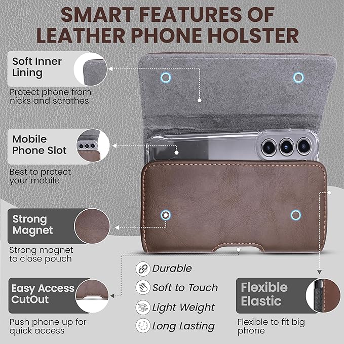 Wireless City X-Large Phone Holster for Men & Women, Horizontal Belt Clip & Loop Cell Phone Pouch, Magnetic Closure Phone Belt Holder Fits iPhone 17/16/15/14/13/12 Pro Max & Large Smartphones (Brown)
