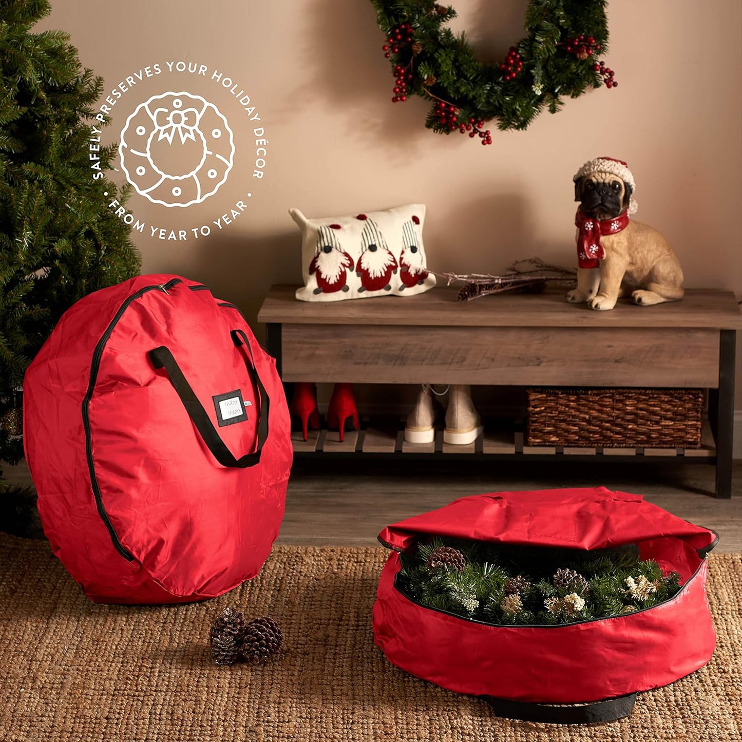 ZOBER Oxford Christmas Wreath Storage Container - 48 Inch Waterproof Wreath Bag with Dual Zippers & Strong Handles - Red