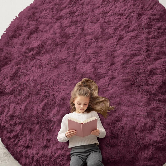 OLANLY Round Burgundy Area Rug - Soft, Fluffy, Machine Washable 9 ft Circle Carpet for Bedrooms & Living Rooms