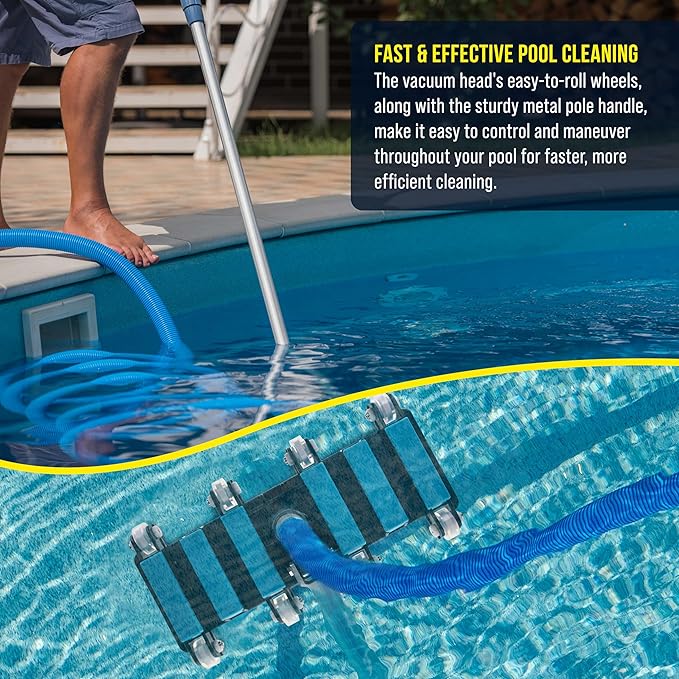 U.S. Pool Supply Manual Pool Vacuum Head for Inground Pools, Flexible, Extra-Wide, Weighted - 6 Weights, Blue, Connect 1.5" Hose, Metal Pole Handle - Swimming Cleaning Accessory Attachment, Vac
