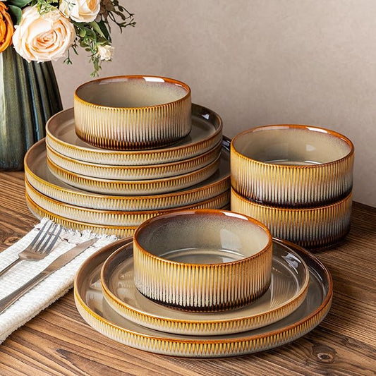 TheTerra Ceramic Dinnerware Sets for 4, 12 Pieces Porcelain Lightweight Plates and Bowls Sets, Scratch Resistant Dish Set, Oven & Microwave & Dishwasher Safe, Creamy Amber
