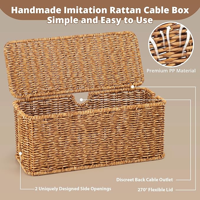 ZhiYo Rattan Cable Management Box, Speckled Brown, 12.5" x 5" x 5.2"
