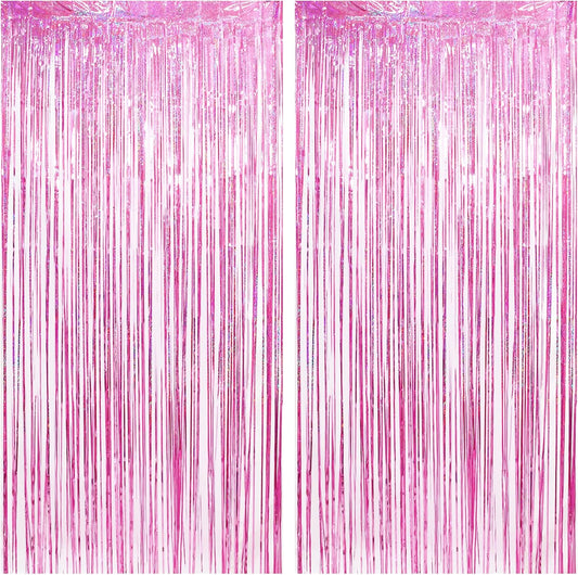 Pink Tinsel Fringe Backdrop by [Brand Name] - Sparkly Foil Curtains for Birthdays & Parties | 2 Pack, 3.3×8.2ft