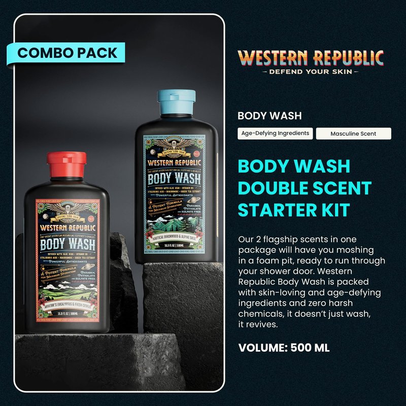 Western Republic - Aviator’s Eucalyptus & Fresh Citrus & Nautical Birchwood & Alpine Sage Body Wash Shower Gel - Hydrating Cleanser - 500ml 2 Pack