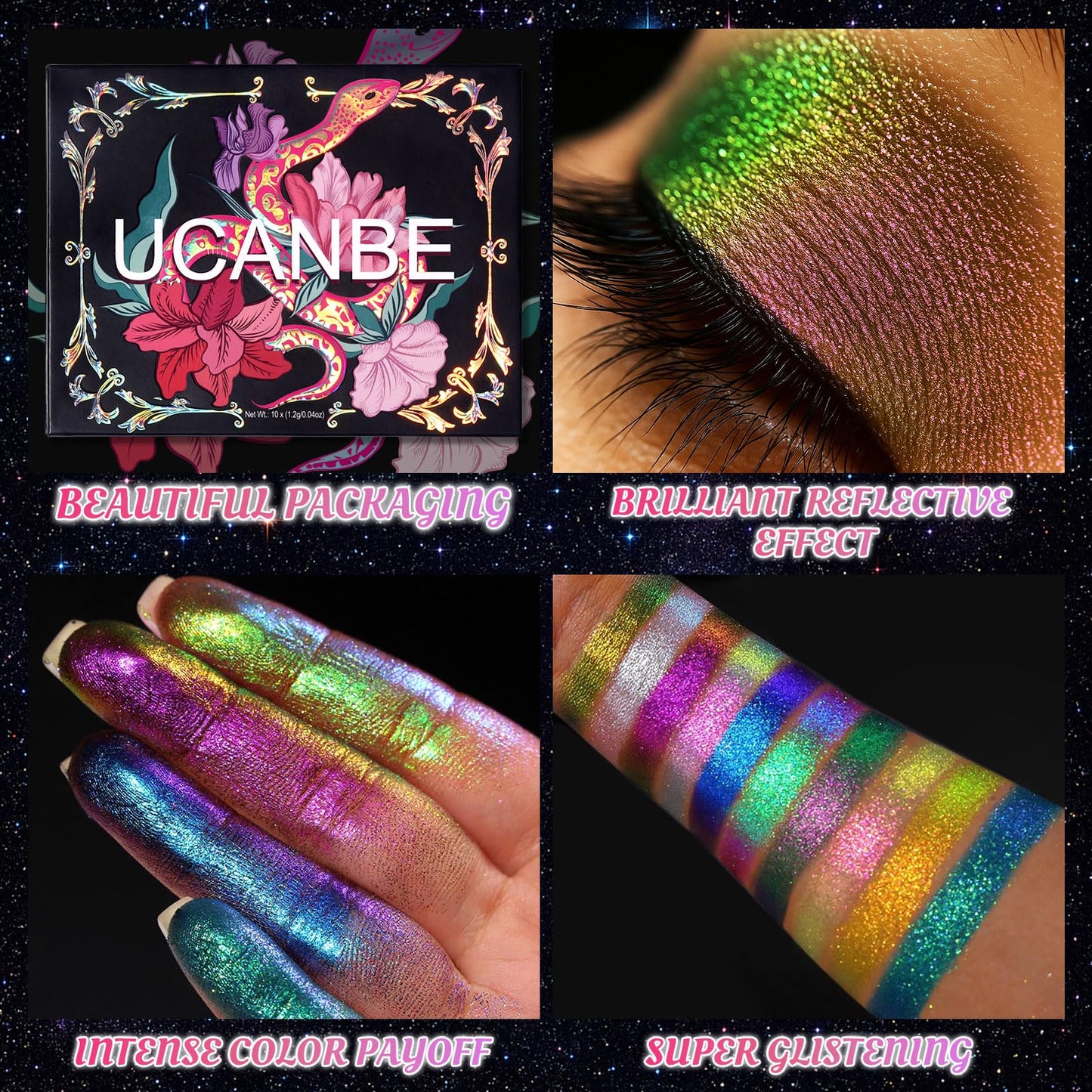 UCANBE Chameleon Multichrome Eyeshadow Palette, 10 Colors Shifting Chromatic Light-Reflecting Metallic Eye Shadow, Multi-Use Blendable Holographic Glitter Shimmer Eye Makeup Pallet (Solar Python)