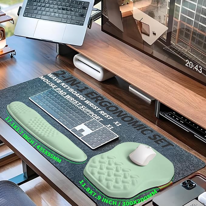 Gleamtide 2-in-1 Ergonomic Set, Wave Keyboard Wrist Rest and Massage Slope Mouse Pad Wrist Support, Rebound Memory Foam for Relieve Carpal Tunnel Syndrome and Wrist Pain (Light Green)