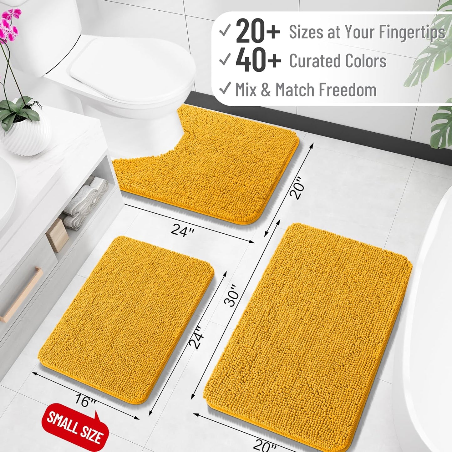 OLANLY Bathroom Runner Rugs - Soft Absorbent Chenille Bath Mats | Quick-Dry Rubber Backing, 59x20, Golden Yellow