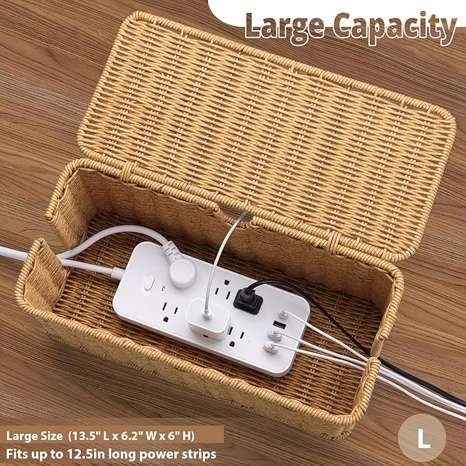 ZhiYo Rattan Cable Management Box, Brown Desk Cord Organizer, 2 Pack (M&L)