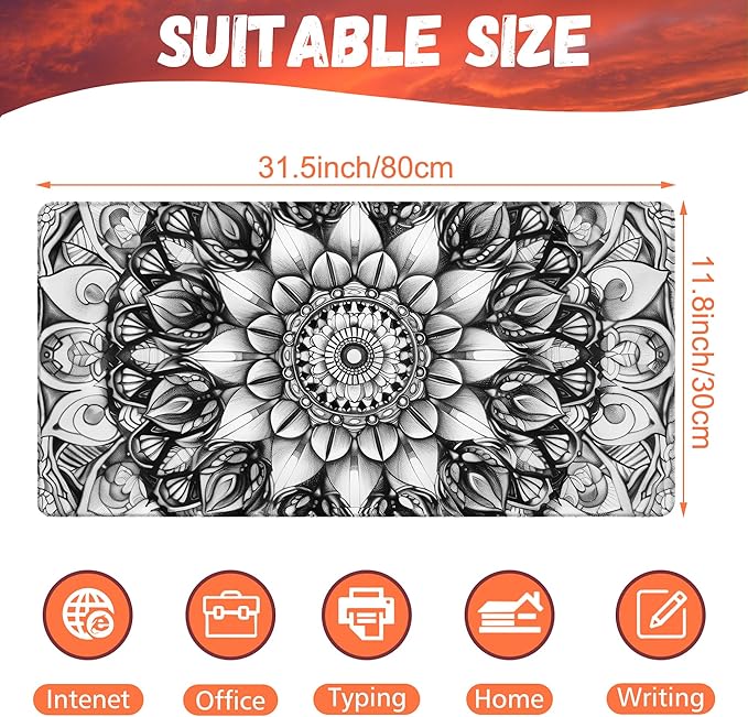 KOAIWPAE Large Gaming Mouse Pad for Desk, Black and White Mandala Desk Mat, Mandala Flower Desk Pad, 31.5"x15.7" Extended Big Computer Keyboard Mouse Pad with Non-Slip Base and Stitched Edge
