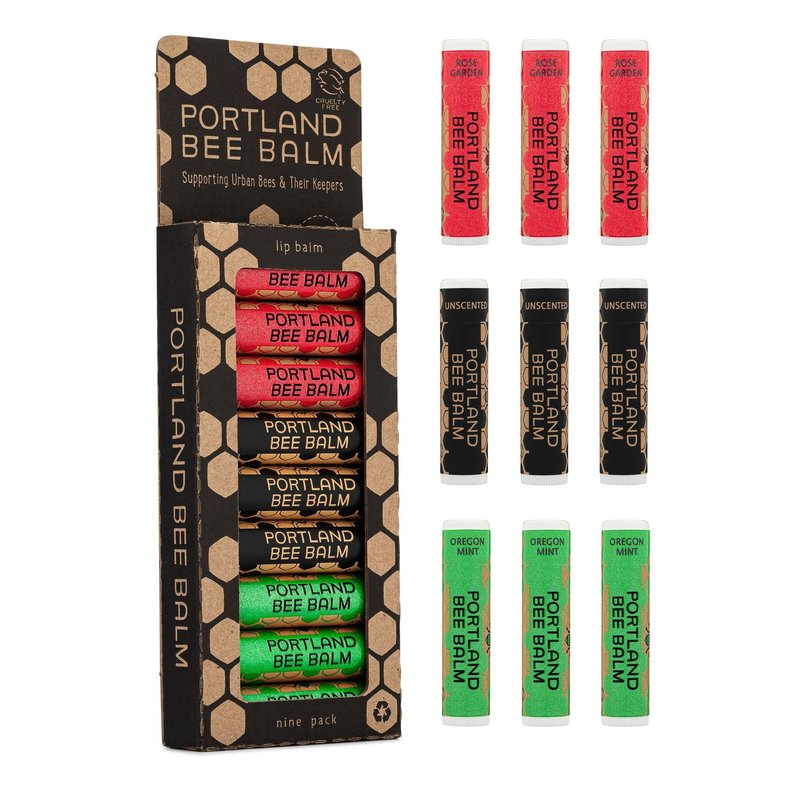 Portland Bee Balm All Natural Handmade Beeswax Lip Balm with Organic Coconut and Olive Oil (Unscented, Oregon Mint & Rose Garden) - 9 Count | Natural Lip Balm, Cruelty Free, Plastic Neutral