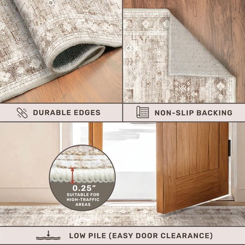 Hazo Haus Boho Long Bathroom Runner Rug 24 x 72 Washable Non Slip - Soft Stain Reistant Rugs for Kitchen, Laundry Room, Hallway Runner - Neutral Floral Design Décor (2x6 Beige/Latte)