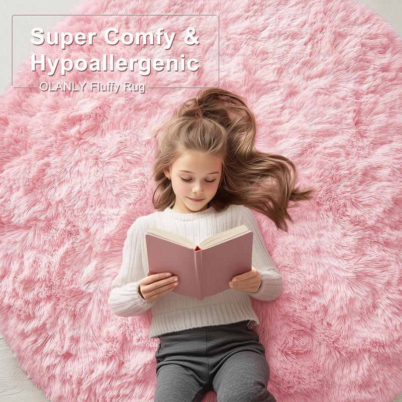 OLANLY Pink Round Rugs for Bedroom - Machine Washable, 7 ft Circle Area Rugs for Living Room, Soft and Fluffy Shaggy Carpet for Teen Girls and Boys, Nursery Rooms, Dorms, Home Decor Aesthetic