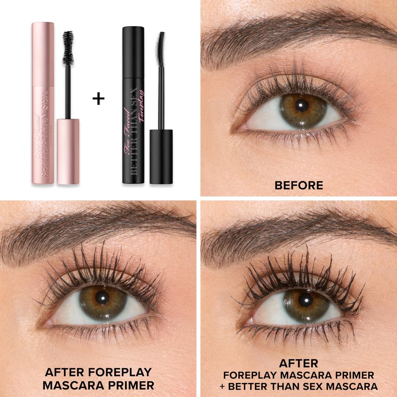 Too Faced Better Than Sex Foreplay Mascara Primer | Waterproof Eyelash Primer for Volume and Length | Nourishing Argan Oil + Grape Seed Oil Formula, Black, 0.27 Fl Oz