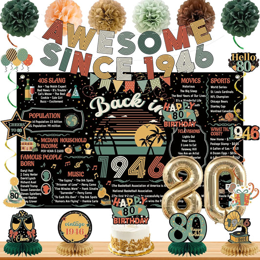 Roetyce 80th Birthday Decorations - Vintage 1946 Poster, Banner, Balloons & Cake Topper | Black Theme