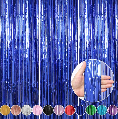 Crosize Dark Blue Foil Fringe Backdrop Curtains - 3 Pack | 3.3 x 9.9 ft Streamer Decorations for Parties