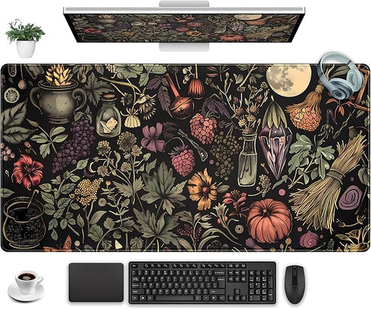 Desk Mat Botanical Witchery Mouse Pad Gaming Mat Dark Keyboard Mat, Long Mouse Mat XXL Extended Desktop Pad Computer Mats with Stitched Edges, Office Desk Accessory Home Decor 31.5" x 15.7"