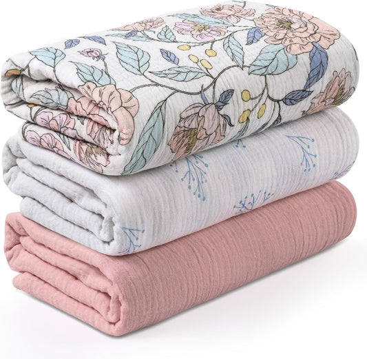 Skiennix Muslin Swaddle Blankets - 3 Pack Soft & Breathable Receiving Blankets | Large 38 x 40 Inches, Cute Flower Design