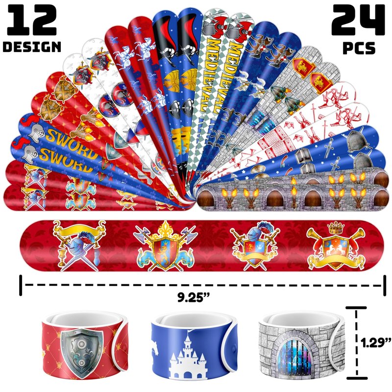 72PCS Medieval Knight Party Set - 48PCS Temporary Tattoos & 24PCS Slap Bracelets - Fun Castle-Themed Birthday Supplies, Baby Shower Gifts, Classroom Rewards & Party Decor for Kids