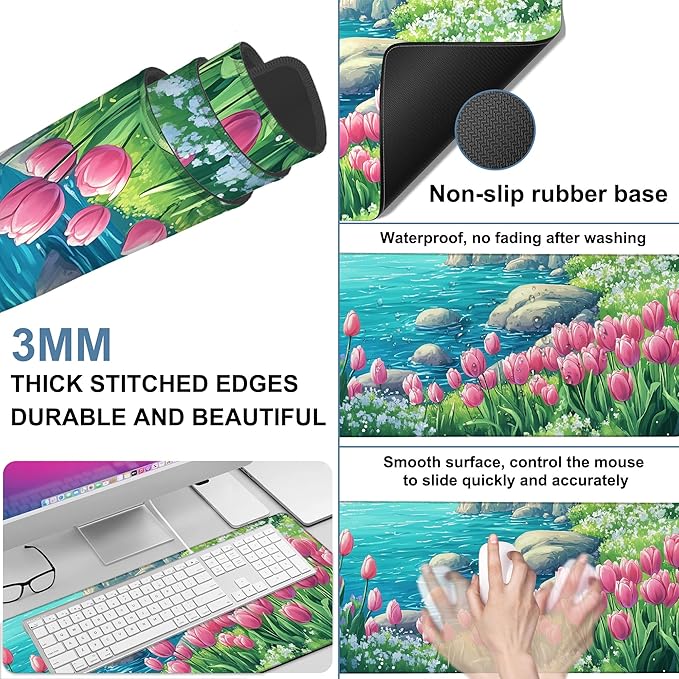 NITAHHHY Large Mouse Pad Blooming Tulips Gaming Desk Pad Computer Keyboard Non-Slip Waterproof Mouse Mat with Rubber Base and Stitched Edges Entertainment Office Writing Desk Mat 35.4 x 15.7 Inches