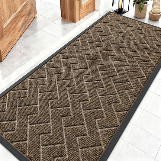 OLANLY Waterproof All-Season Front Door Mat - Sturdy Natural Rubber, Low Profile, Herringbone Brick (Brown, 59x23)