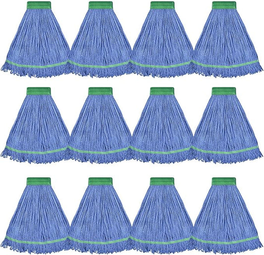 Onesimus 28 oz Heavy Duty Mop Head Replacement, 5 Inch Headband for Quick Change Handle, Blue Loop-End Cotton Blend String Wet Dry Floor Mop Refill, X-Large Size, Case Pack of 12 Pcs