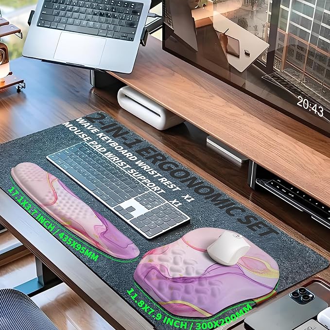 Gleamtide 2-in-1 Ergonomic Set, Wave Keyboard Wrist Rest and Massage Slope Mouse Pad Wrist Support, Rebound Memory Foam for Relieve Carpal Tunnel Syndrome and Wrist Pain (Pink Purple Marble)