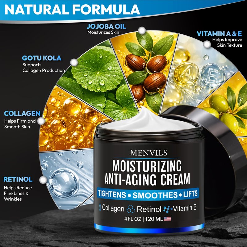 (2 Pack) Mens Face Moisturizer Cream - Anti Aging & Wrinkle for Men with Collagen, Retinol, Vitamins E, Jojoba Oil - Face Lotion - Age Facial Skin Care - Eye Wrinkle - 8 oz Total