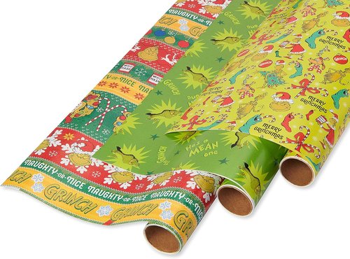 American Greetings Grinch Christmas Wrapping Paper Rolls - Festive Green & Red Gift Wrap (105 sq. ft., 3 Rolls)