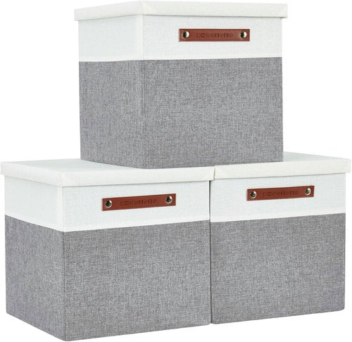 DECOMOMO Storage Basket - Stylish Fabric Box with Lid & Handles | Grey & White, 11” | 3 Pack