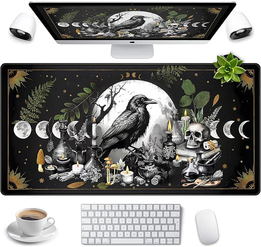 Cute Kawaii Raven Desk Mat XXL Large Extended Gaming Mouse Pad Nature Forest Gothic Mousepad with Stitched Edges, Anime Skull Laptop Keyboard and Mouse Mat Desk Pad for Work Game 31.5x15.7 in