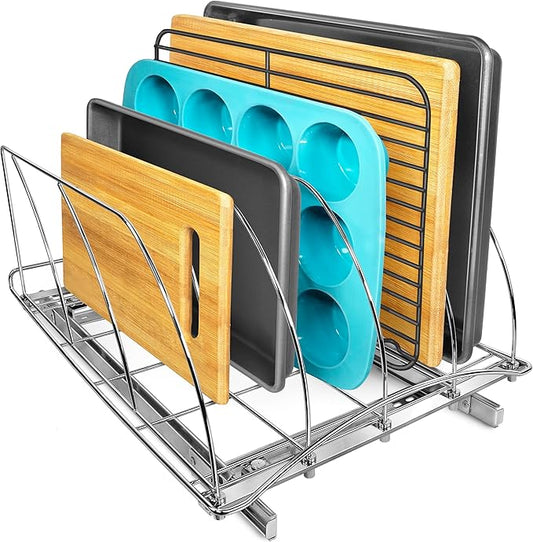 LYNK PROFESSIONAL® Pull Out Cutting Board, Baking Pan, and Cookie Sheet Organizer for Cabinet - Lifetime Ltd. Warranty - Slide Out Kitchen Cabinet Organizers – 14” x 21” Deep – Pull Out Drawer, Chrome
