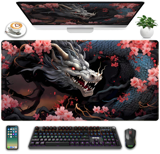 Cute Sakura Dragon Gaming Mouse Pad Kawaii XXL Large Extended Anime Desk Mat, Non-Slip Rubber Base Mousepad, Office Decor Desk Pad, Cool Keyboard and Mouse Mat with Stitched Edges, 31.5x15.75 in
