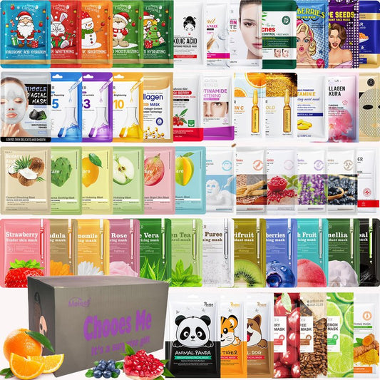 Meleell 55 Pack Collagen Face Masks Skincare Bulk,Sheet Masks Variety Set with Animal, Bubble, Christmas & Fruit Facial Masks, Skincare Gift Box for Women, Teens & Spa Lovers