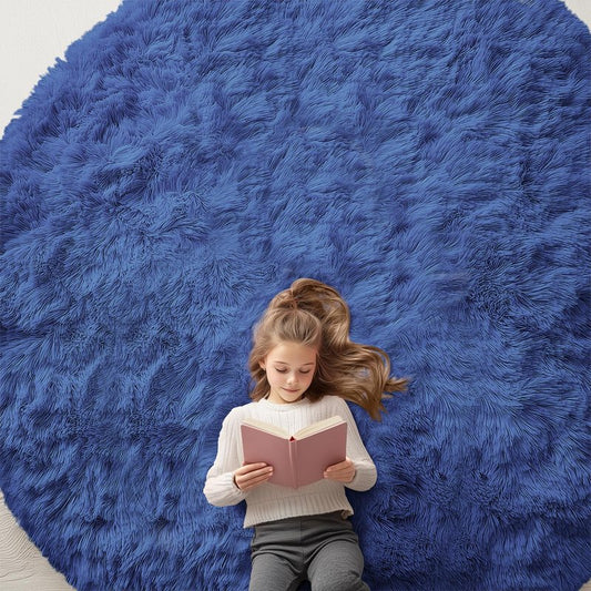 OLANLY Navy Blue Round Rugs for Bedroom - Machine Washable, 9 ft Circle Area Rugs for Living Room, Soft and Fluffy Shaggy Carpet for Teen Girls and Boys, Nursery Rooms, Dorms, Home Decor Aesthetic