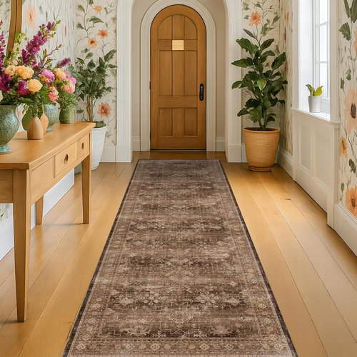 Boho Vintage 10ft Long Runner Rug - Washable Non-Slip Indoor Hallway & Kitchen Decor | Brown 2'6"x10'