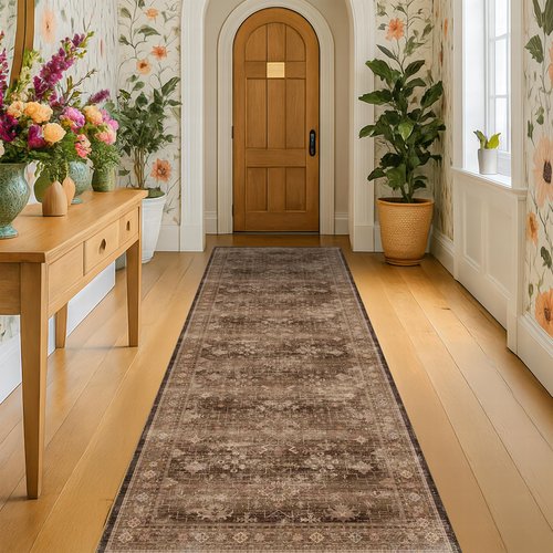 Brown Washable Long Runners for Hallways, 3x8 Wide Kitchen Runner Rug, Entryway Indoor Rug, Non Slip Rubber Backing Boho Vintage Dark Floor Decor