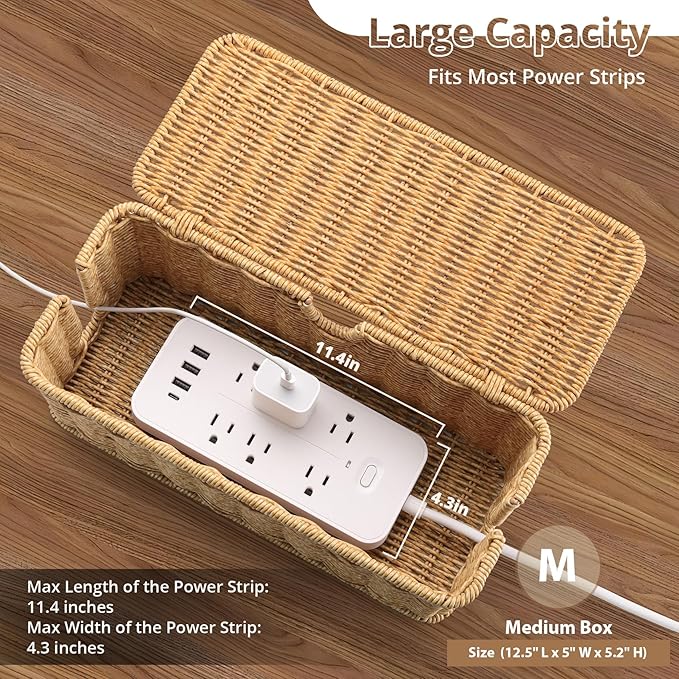 ZhiYo Rattan Cable Management Box, Brown Desk Cord Organizer, 2 Pack (M&L)