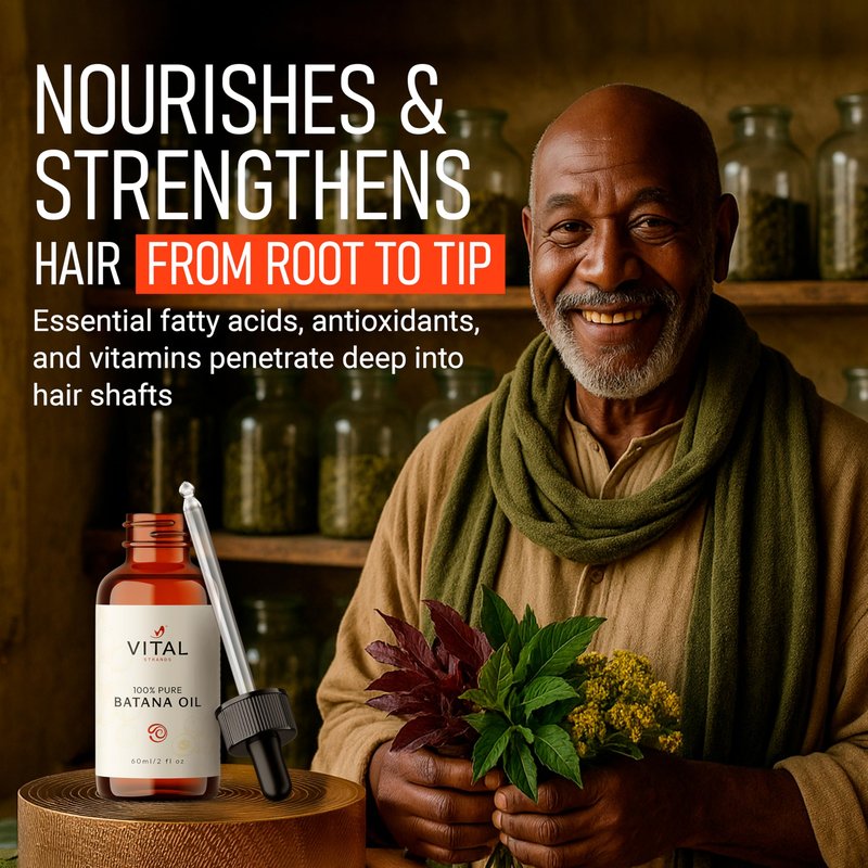 Vital Strands Batana Oil for Hair Growth – 100% Pure & Organic Botana Oil from Honduras – Strengthens, Thickens & Restores Natural Hair – Cold Pressed Raw Scalp & Hair Treatment for Men & Women – 60ml