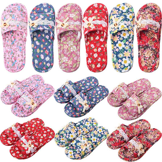Breathffy 6 Pairs Floral Cotton House Slippers for Women, Soft Open Toe Guest Slippers Washable Foldable, Indoor Hotel Spa Travel Slipper for Women Size 35-39