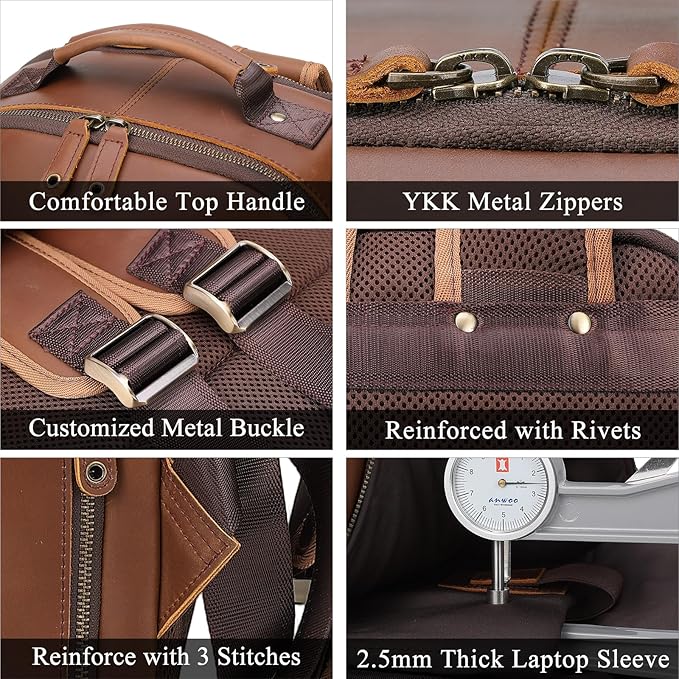 TIDING Leather Backpack for Men Fits 16" 15.6” Laptop, Vintage Business Travel Work Bag Large Overnight Weekender Daypack