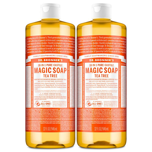 Dr. Bronner's Pure-Castile Magic Soap Liquid (Tea Tree, 32 ounce, 2-Pack) - Made with Regenerative Organic Certified Oils, 18-in-1 Uses: Body, Hair, Laundry & Dishes, Concentrated, Vegan, Non-GMO