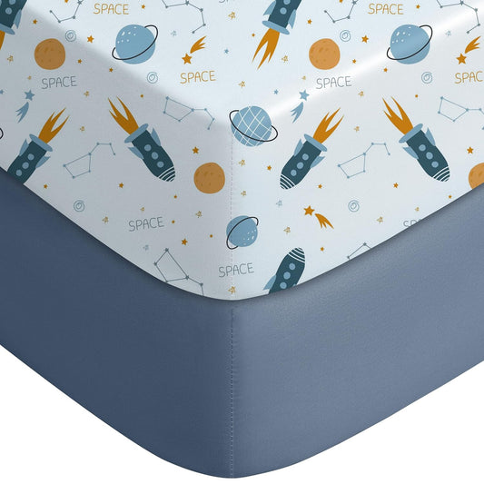 Yoofoss Fitted Pack and Play Sheets - Soft, Breathable Mini Crib Sheets 2-Pack in Blue Rocket Design