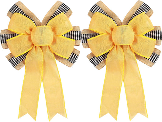Skiennix Decorative Bow Set - 2 PCS Yellow Burlap & Black White Stripe for Holiday Wreaths | Outdoor Decor
