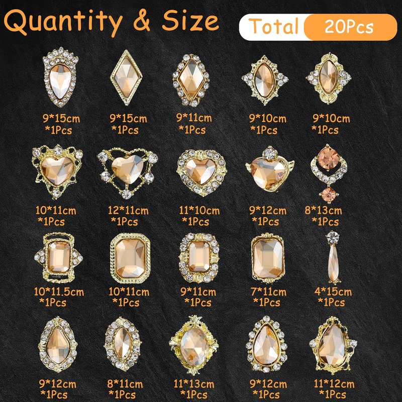 ZUMILLMN Gold Nail Charms, Gold Nail Charms, 20Pcs 3D Nail Charms 20 Styles Metal Nail Art Charms Champagne-Color Gem Charms for Nails（Champagne-Color Gem）