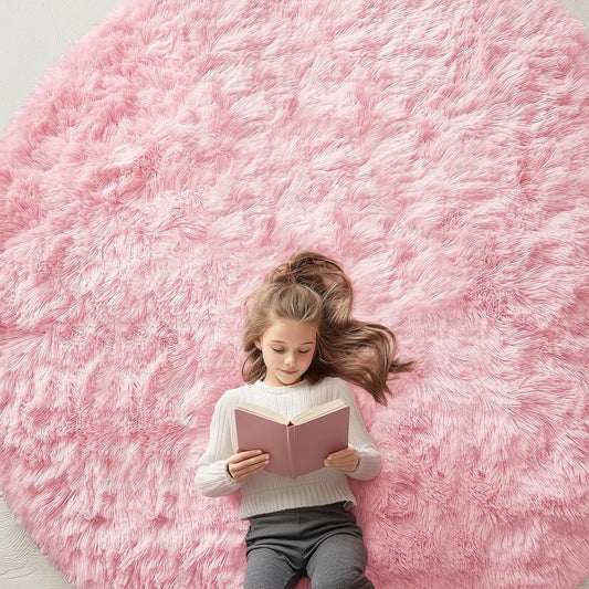 OLANLY Pink Round Area Rug - Soft, Fluffy, Machine Washable 8 ft Circle Carpet for Bedrooms & Nurseries
