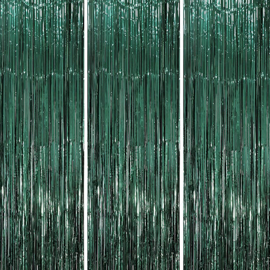 Voircoloria Retro Green Foil Fringe Backdrop Curtains - 3 Pack Tinsel Streamers for Party Decor | 3.3 x 8.2 ft