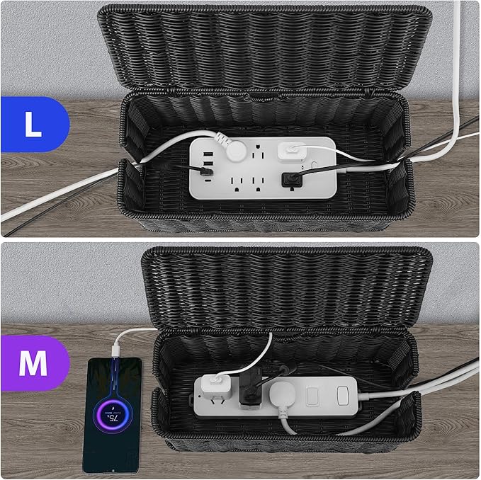 ZhiYo Rattan Cable Management Box, Black Desk Cord Organizer, 2 Pack (M&L)