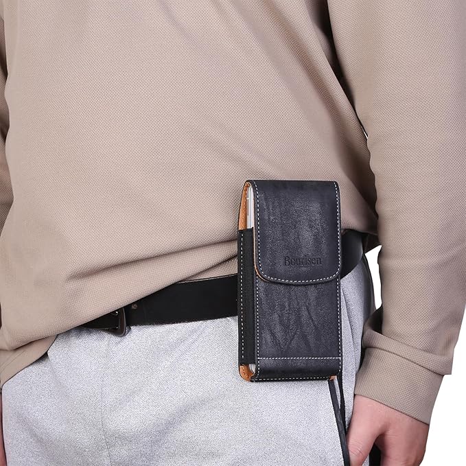 Bourisen Phone Holster Pouch Case Belt Clip Loops Card Slot for Man iPhone12 13 14 15 16 17,11 12 13 14 15 16 17pro,17Air/Samsung S25 S24 S23 S22 S21 S20/LG/Moto (Black&Yellow, L(6.1" x3.2''x0.8))