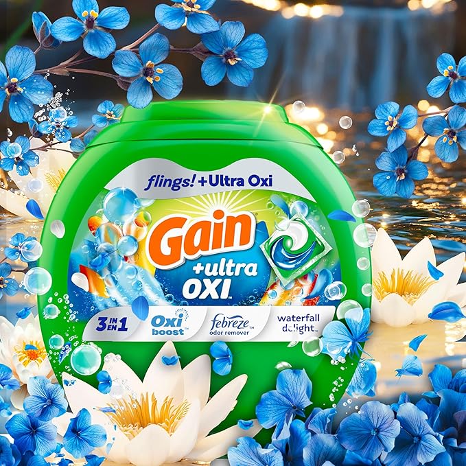 Gain Flings Ultra Oxi Laundry Detergent Pacs, 102 Count, Waterfall Delight Scent, with Odor Defense, concentrated laundry soap pacs